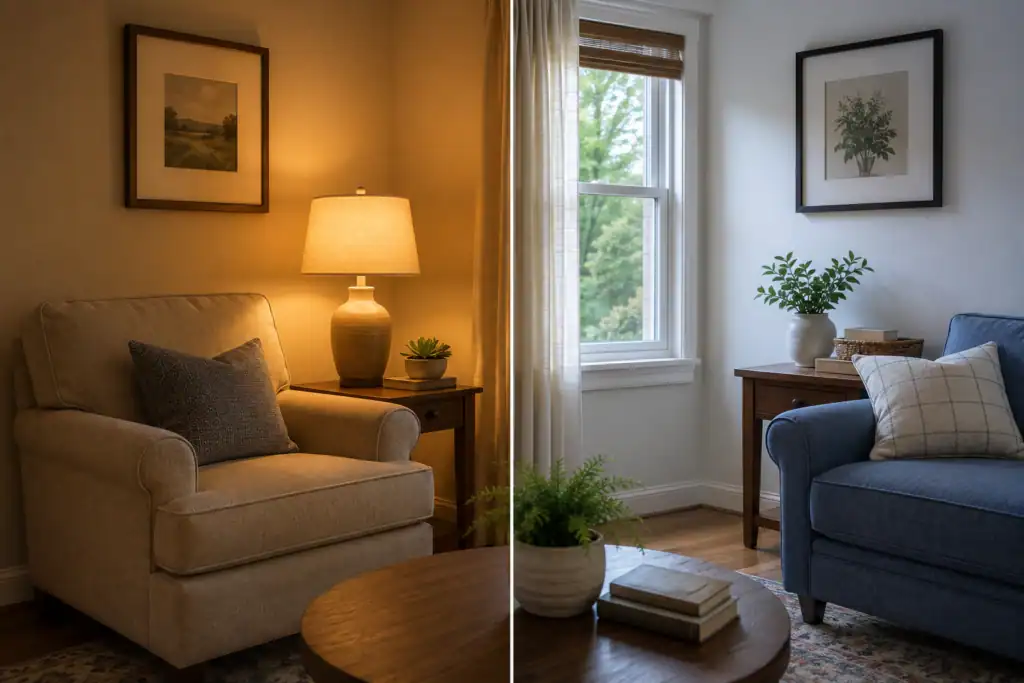Side-by-side comparison of a modern living room lit with warm 2700K soft white lighting on the left and cool 5000K daylight LED lighting on the right.