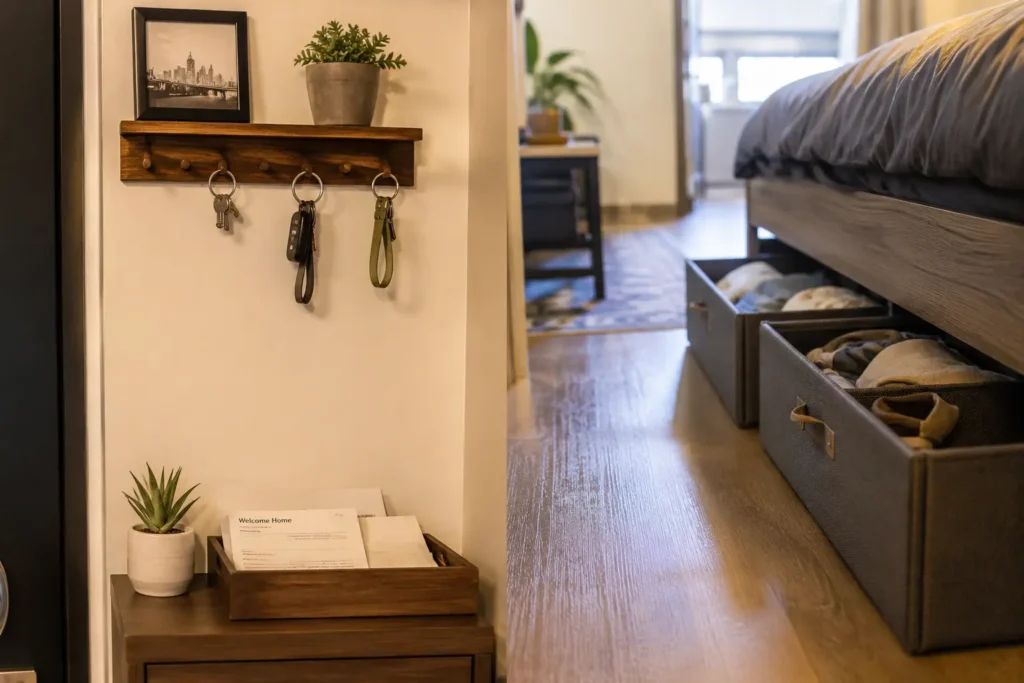 Small entryway landing zone in a studio apartment with wall hooks for keys and a tray for mail