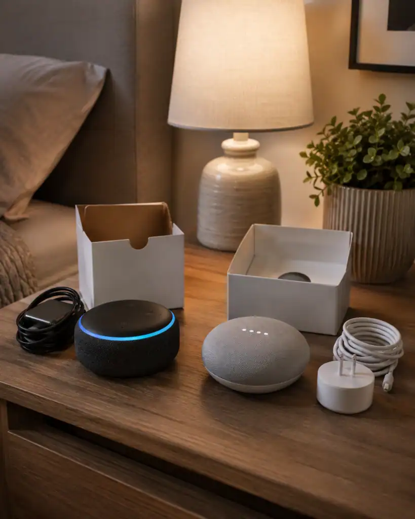 Echo Dot and Google Nest Mini placed side by side on a nightstand for a head-to-head trial