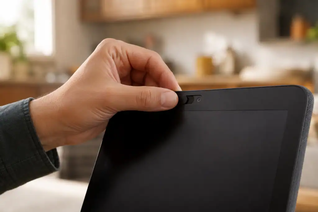 Close-up of a hand sliding the physical camera privacy shutter closed on an Echo Show