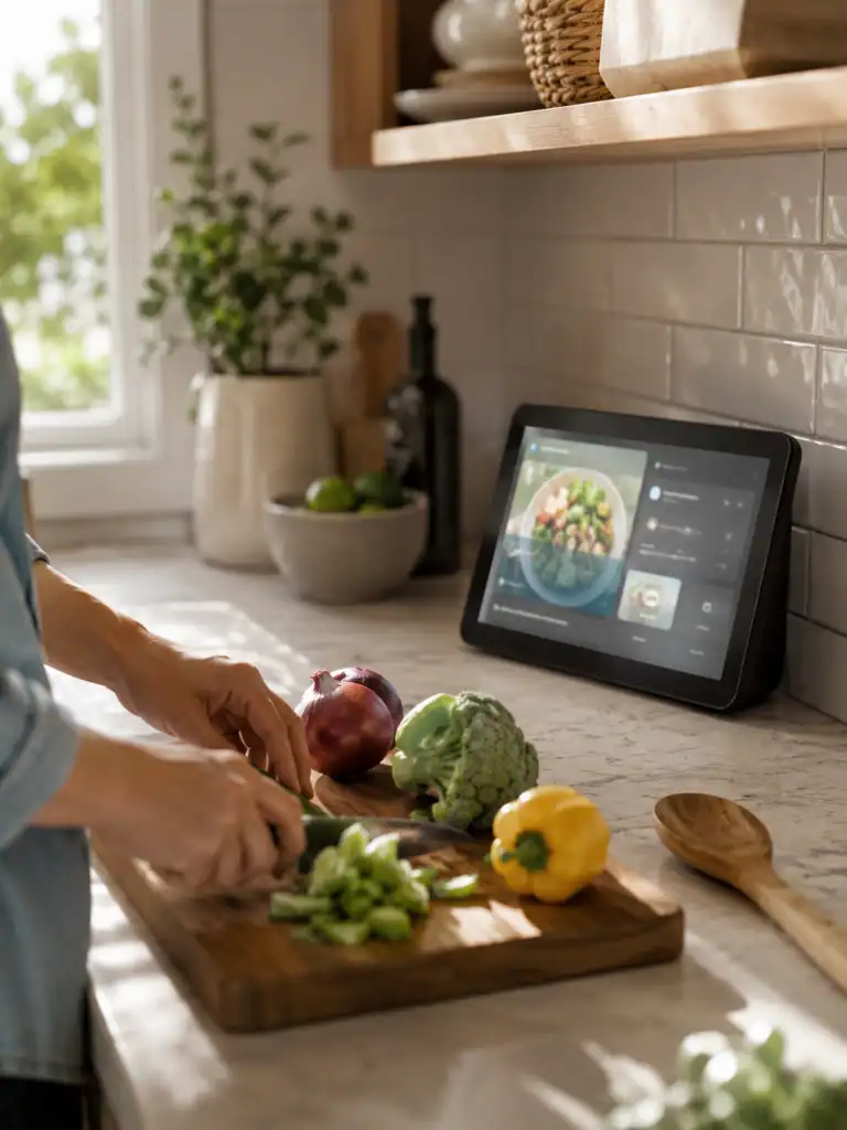 Echo Show smart display propped in a kitchen while someone prepares a recipe nearby