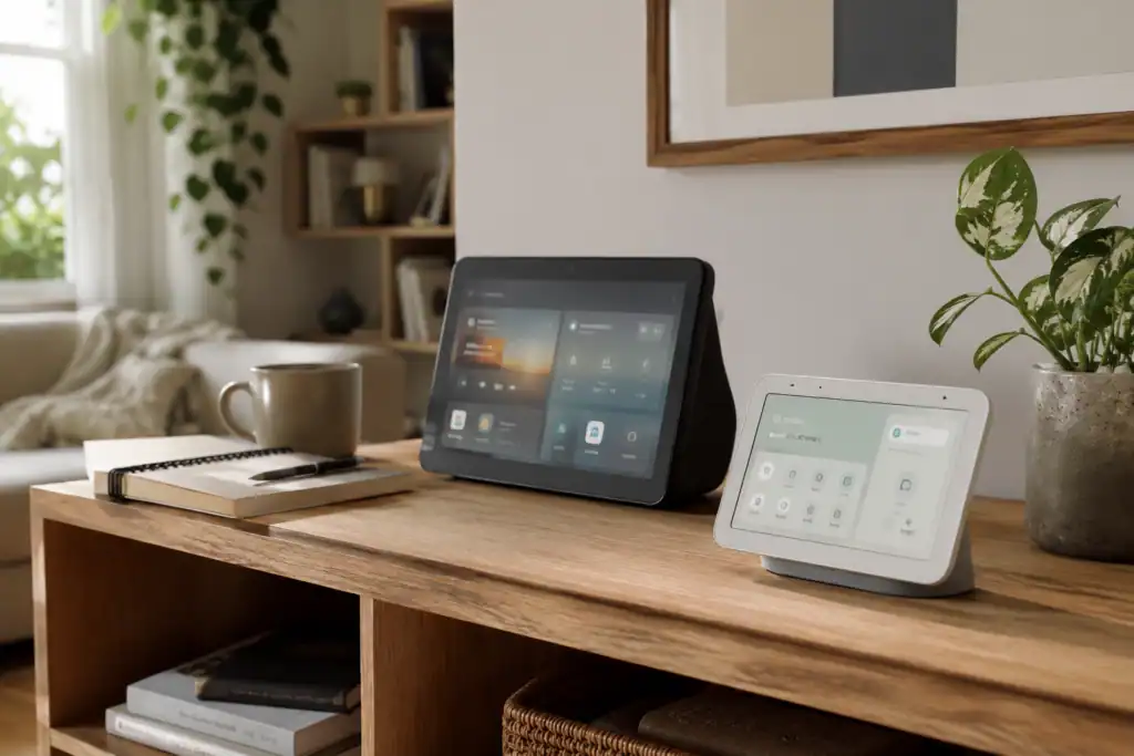 Echo Show and Google Nest Hub running side by side during real home testing