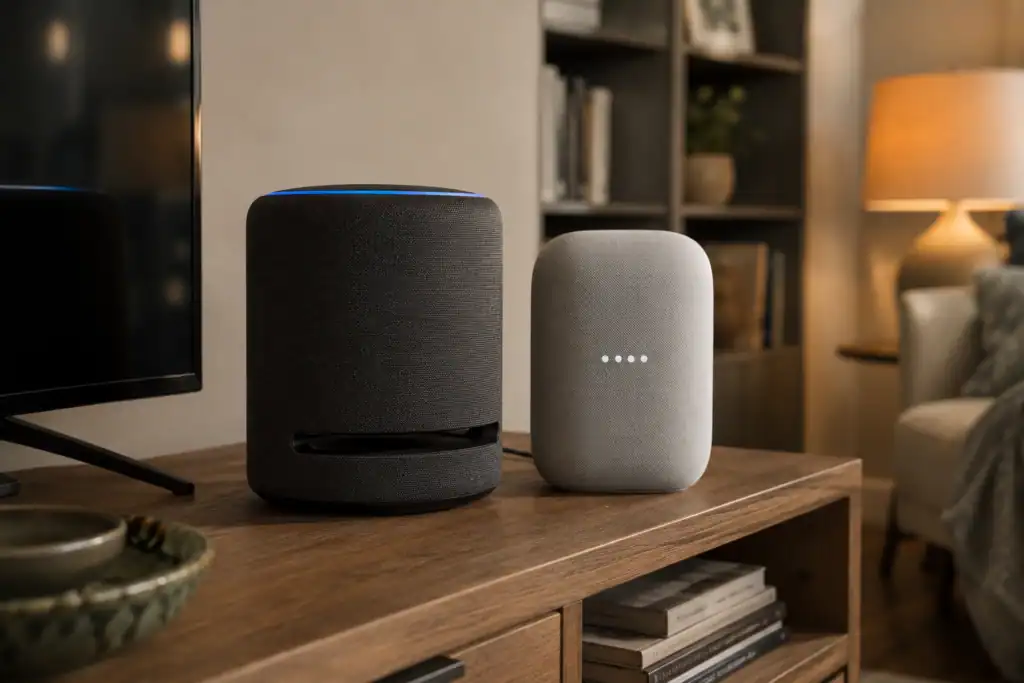 Echo Studio and Nest Audio speakers placed side by side for a sound quality comparison
