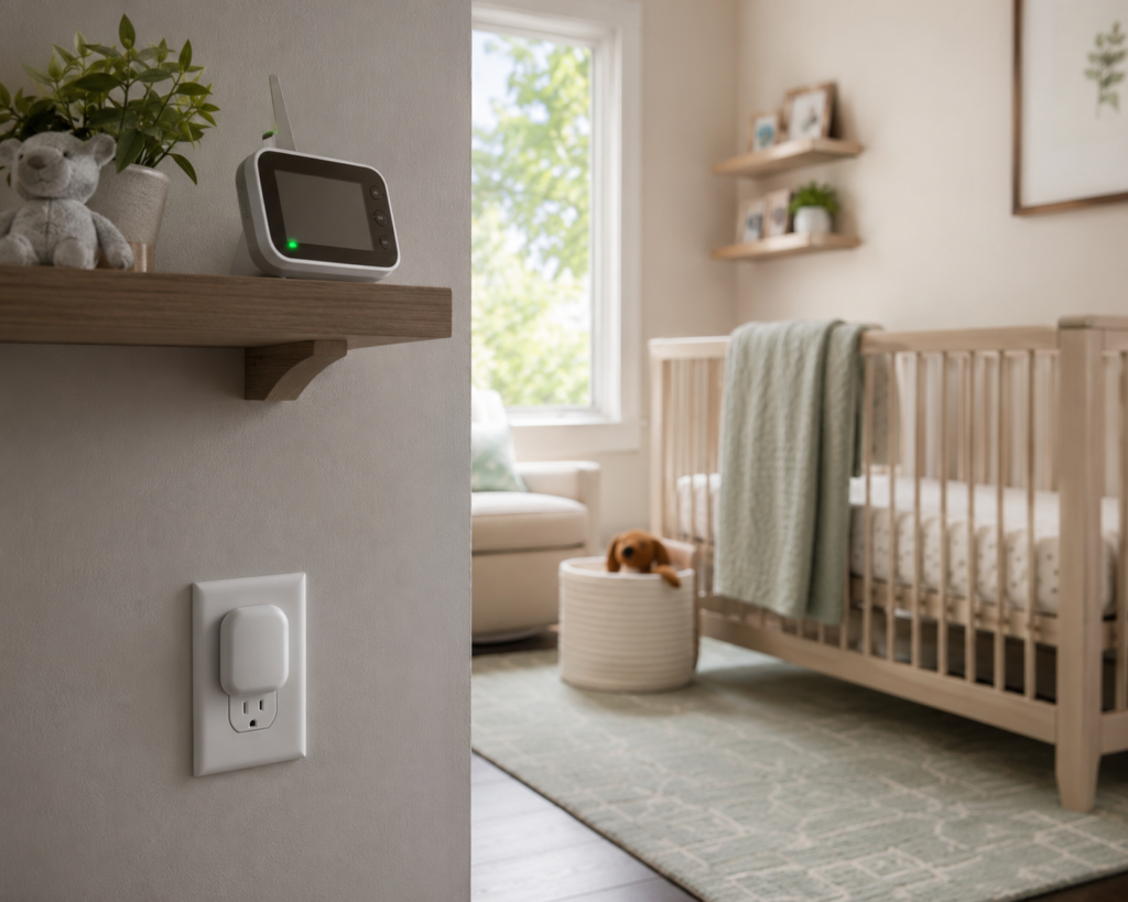 Smart baby monitor mounted near a crib in a childproofed nursery with an outlet cover visible in the foreground