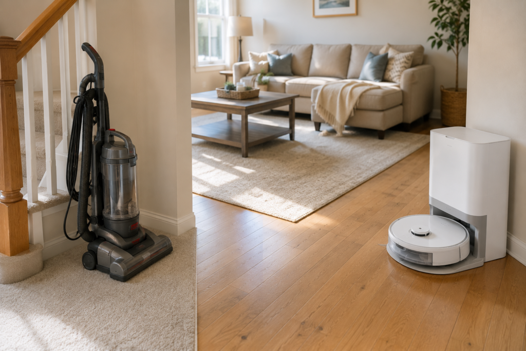 Hands rinsing a robot vacuum mop pad at a sink for routine maintenance