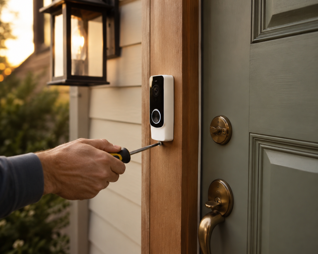 Homeowner installing a Ring doorbell with a screwdriver on a wood-toned front door at golden hour