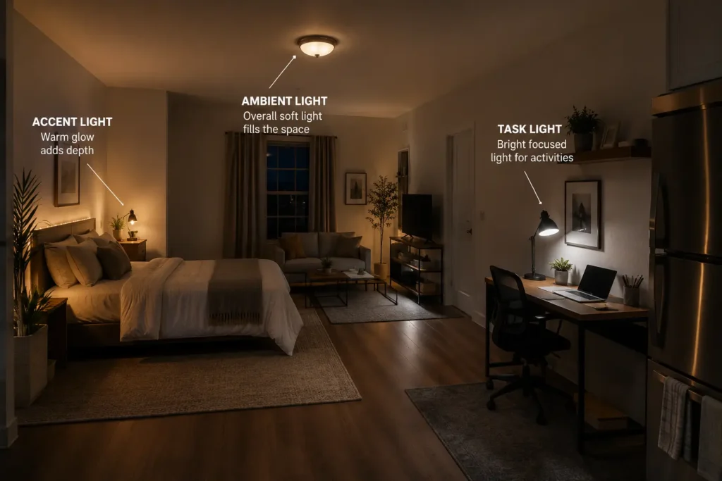 Studio apartment showing three lighting layers at once, task light over desk, accent light near bed, ambient light filling the room