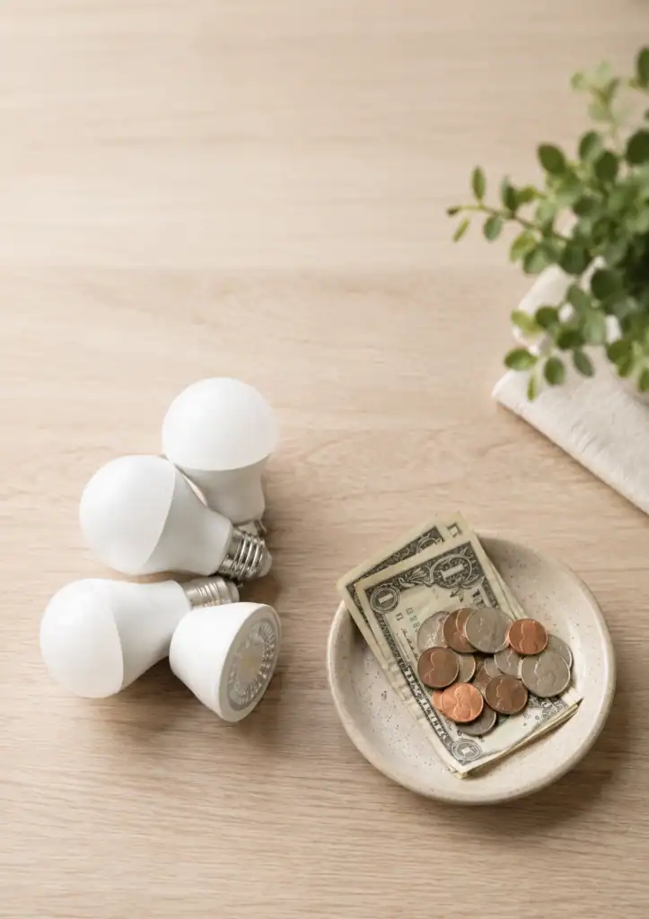 LED light bulbs placed beside U.S. coins and dollar bills illustrating long-term energy savings and lower electricity costs with LED lighting.