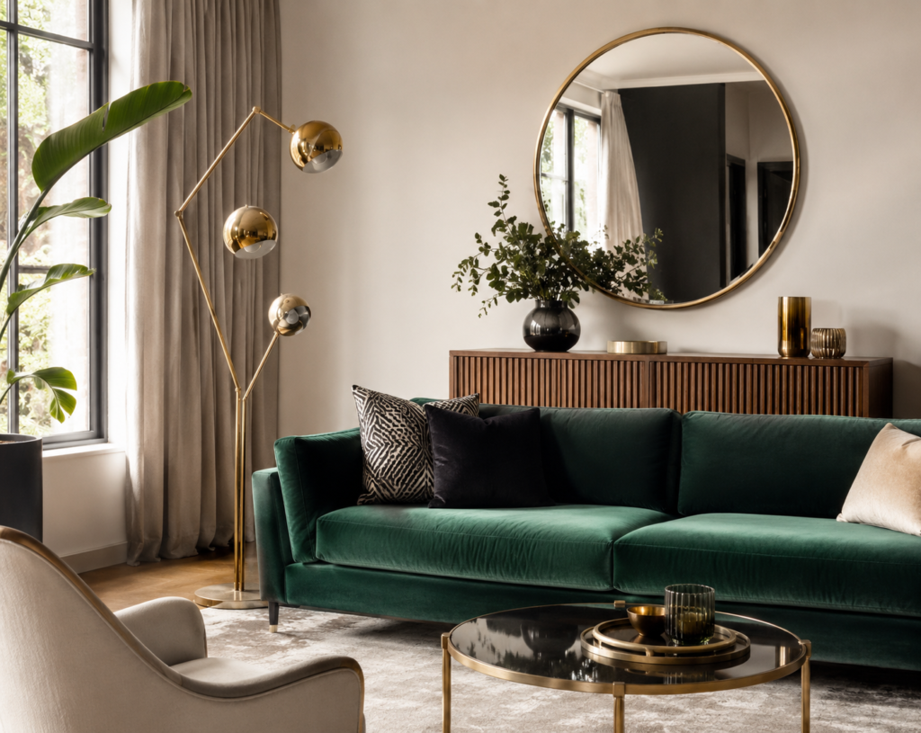 Modern Art Deco interior design living room with brass sunburst mirror, velvet sofa, and geometric floor lamp