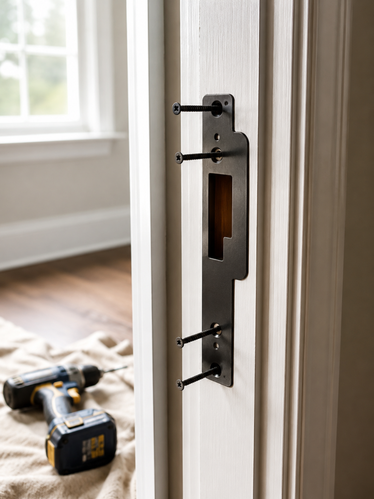  Heavy-duty security strike plate being installed with 3-inch screws into a door frame