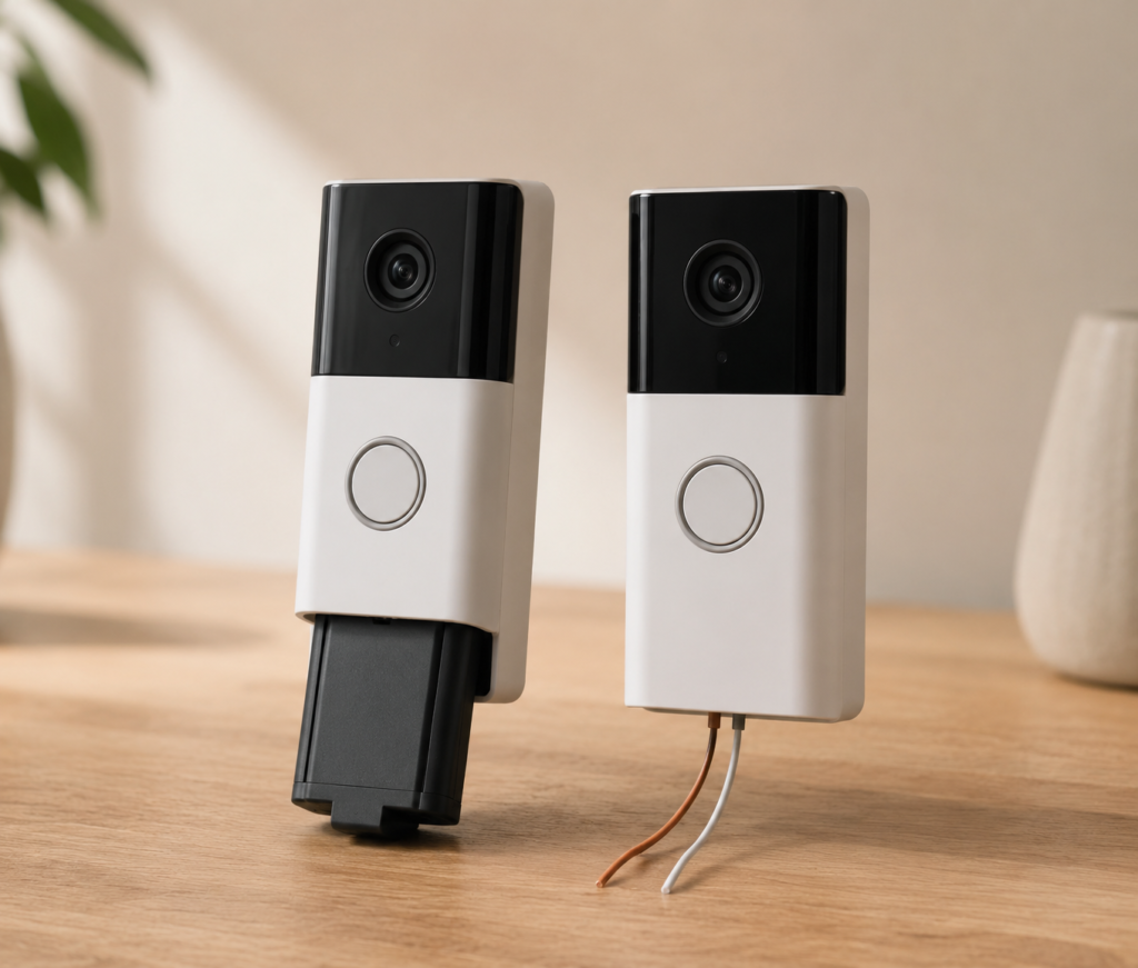 Battery-powered and wired Ring doorbells side by side showing the difference in setup