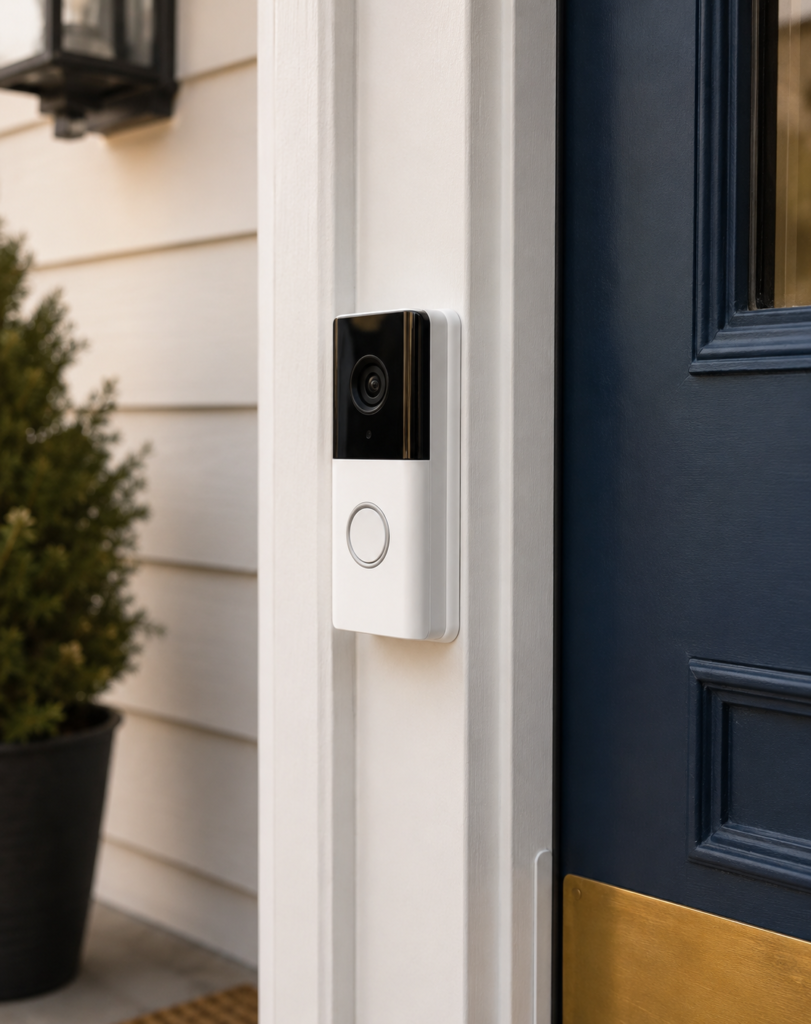 Ring doorbell mounted on a door frame using a no-drill adhesive bracket, close-up view