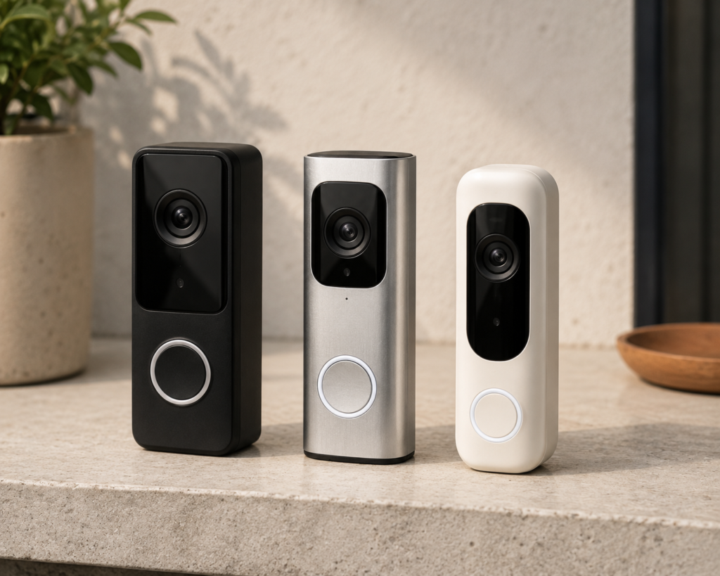 Three smart video doorbells from different brands compared side by side on a countertop