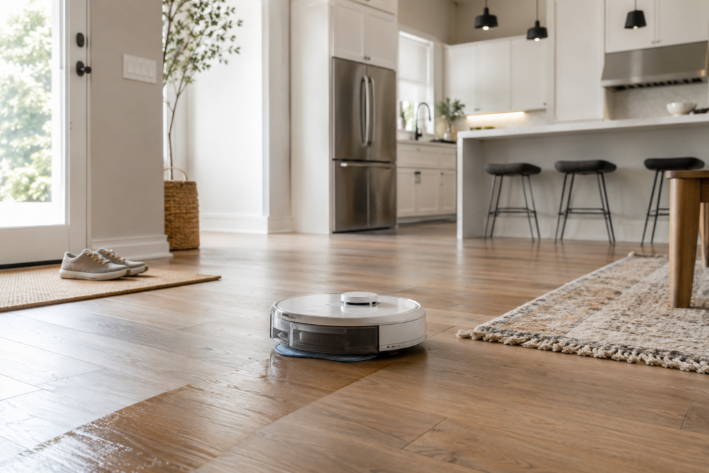 Robot vacuum mop combo cleaning hardwood kitchen floor in a modern American home