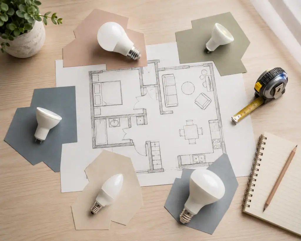 Flat-lay home lighting planning scene with LED light bulbs, a house floor plan, tape measure, and notebook showing how to choose the right LED bulb for each room.