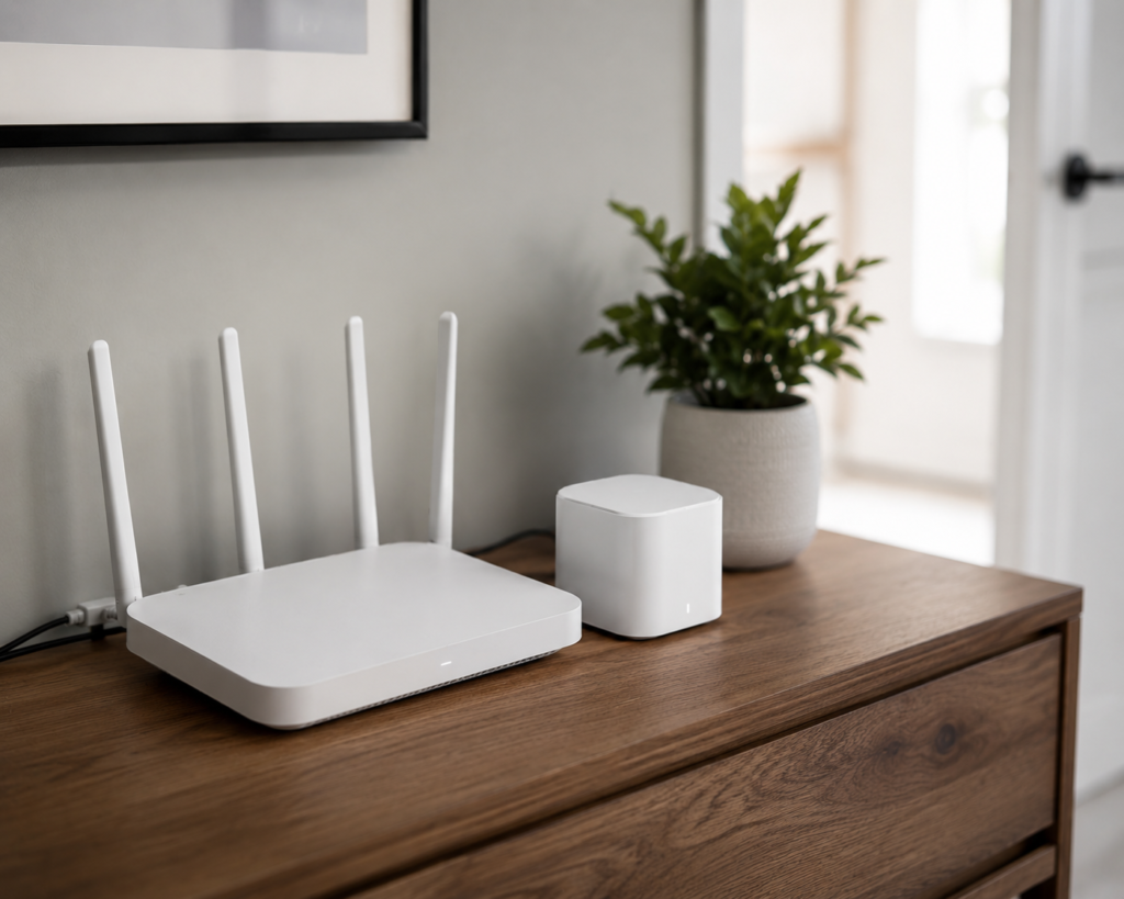 Modern Wi-Fi router and mesh hub on a table, representing smart home network security setup