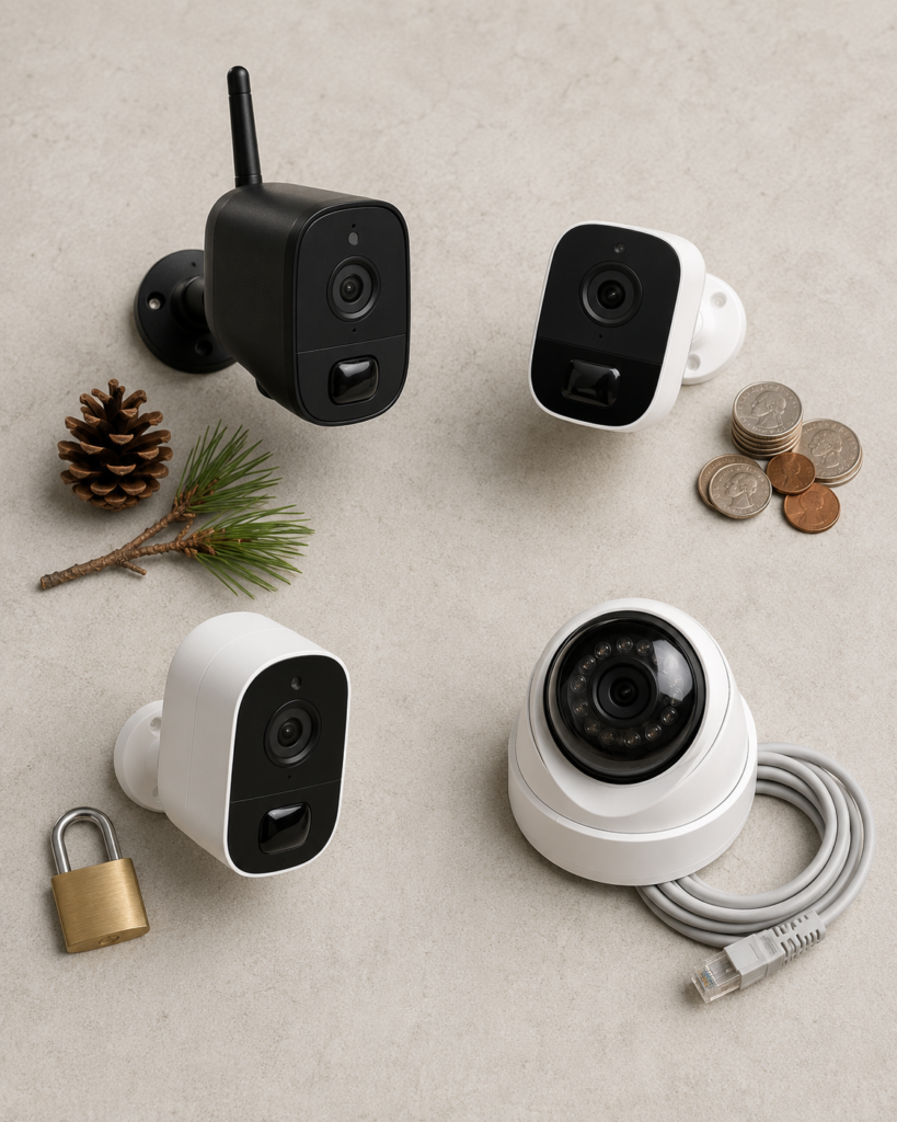 Four security cameras without Wi-Fi grouped by use case — rural, budget, privacy, and wired setups.