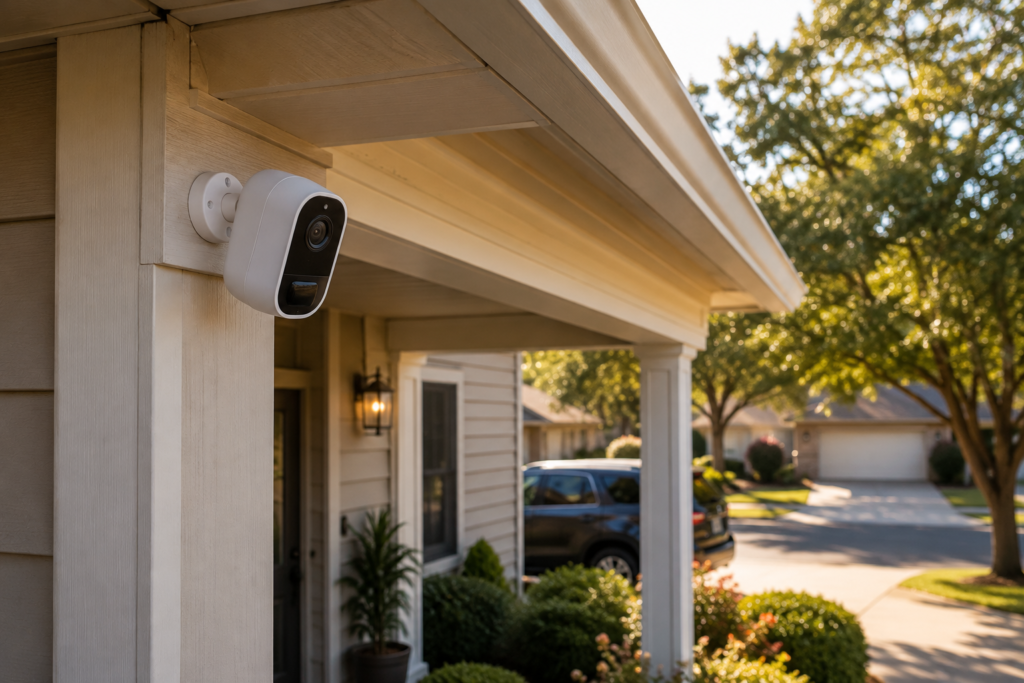 Battery-powered outdoor security camera without Wi-Fi mounted under a home's front porch eave.
