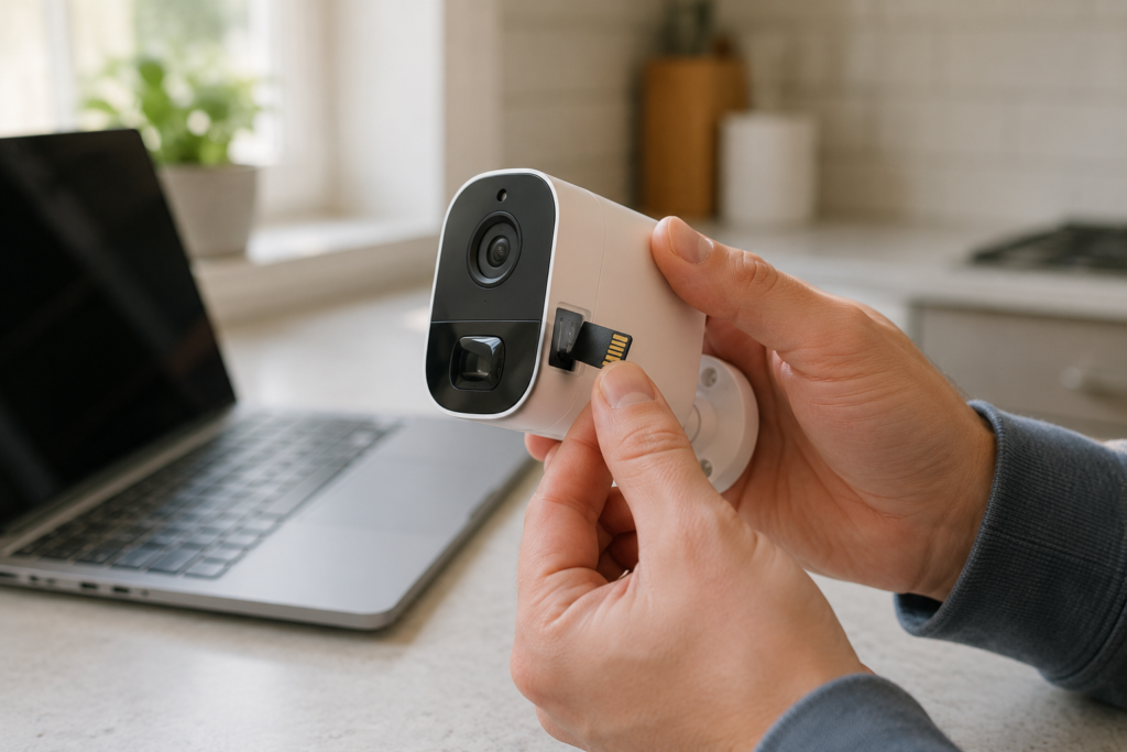 Hands removing an SD memory card from a security camera without Wi-Fi to view footage manually.