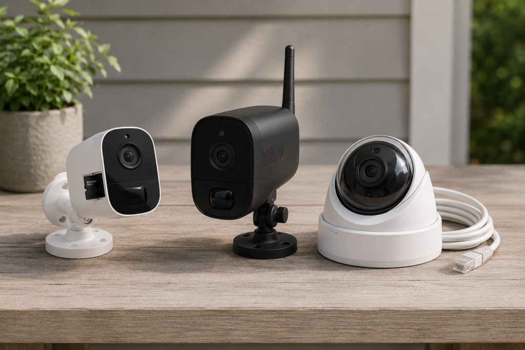 Local storage, cellular LTE, and wired security cameras without Wi-Fi shown side by side for comparison.