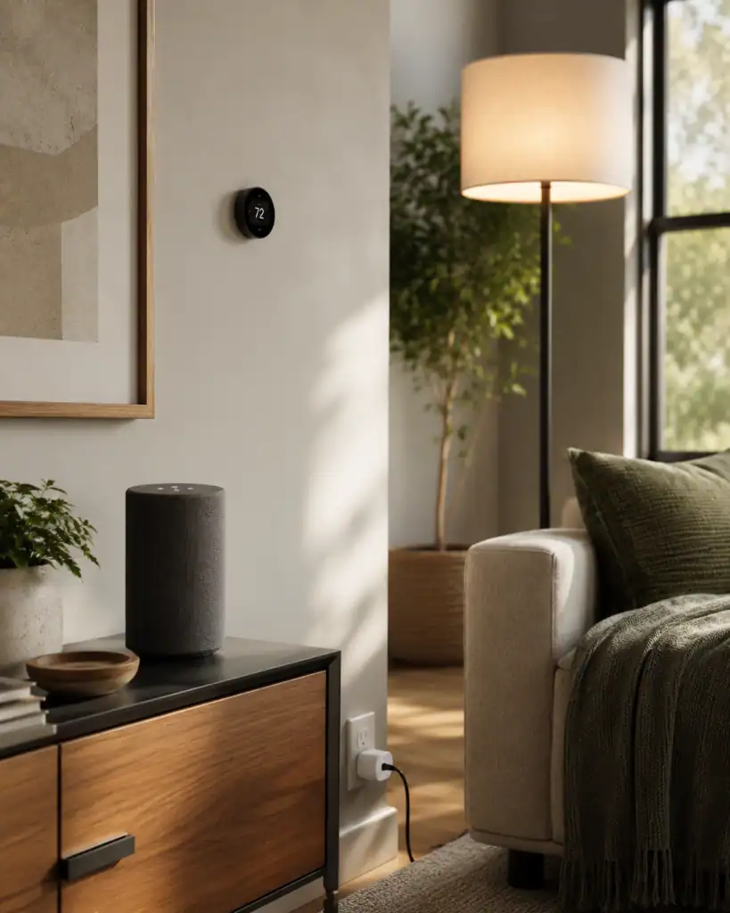Smart speaker, smart bulb, and smart thermostat working together in a living room ecosystem
