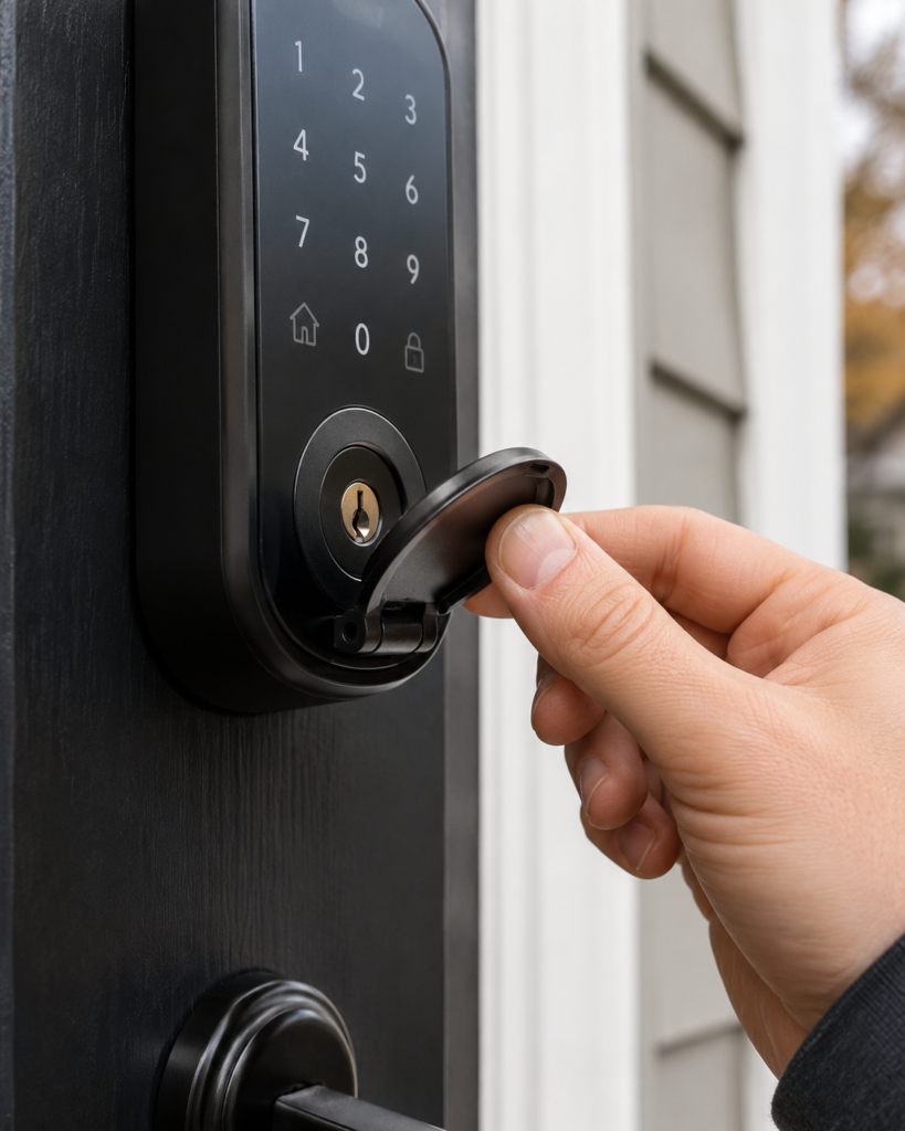 Hidden physical key cylinder on a smart lock exterior revealed as emergency battery backup