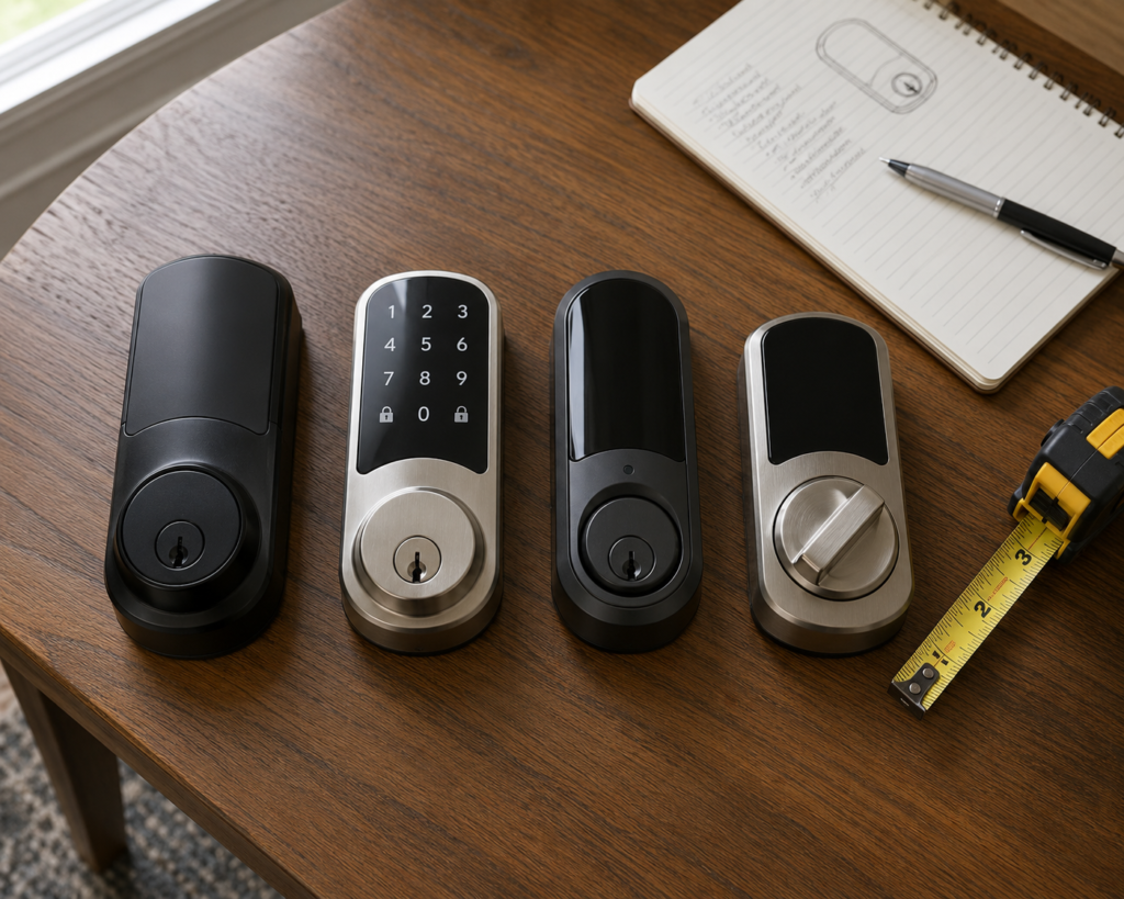 Multiple smart lock models laid out side by side during a hands-on comparison review