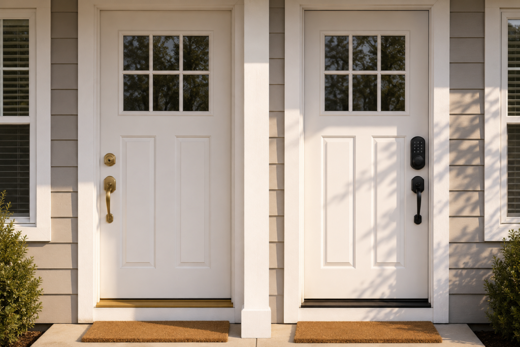 Side-by-side comparison of a smart lock and a traditional deadbolt on similar front doors
