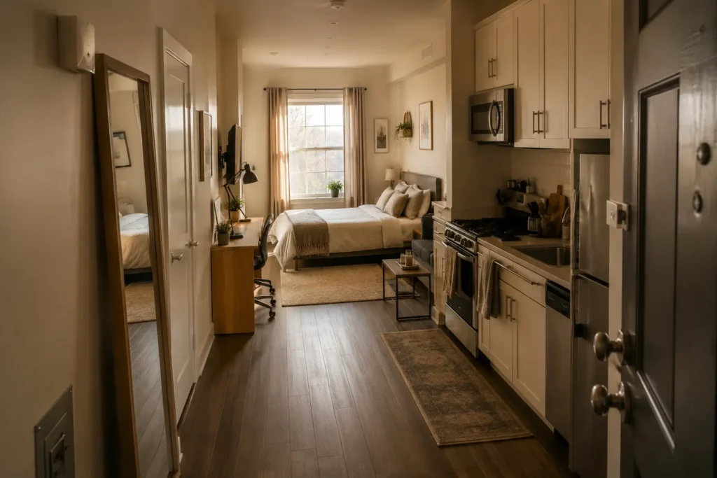 Small 300 square foot studio apartment with warm natural light showing bed and kitchenette in one open room