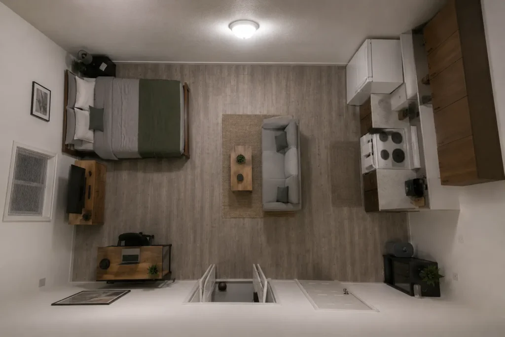 Studio apartment lit by a single harsh overhead light showing flat shadows and no defined zones
