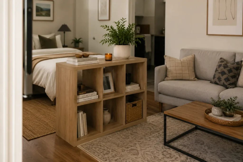 Studio apartment using two distinct area rugs and a bookshelf to visually separate bed and seating zones