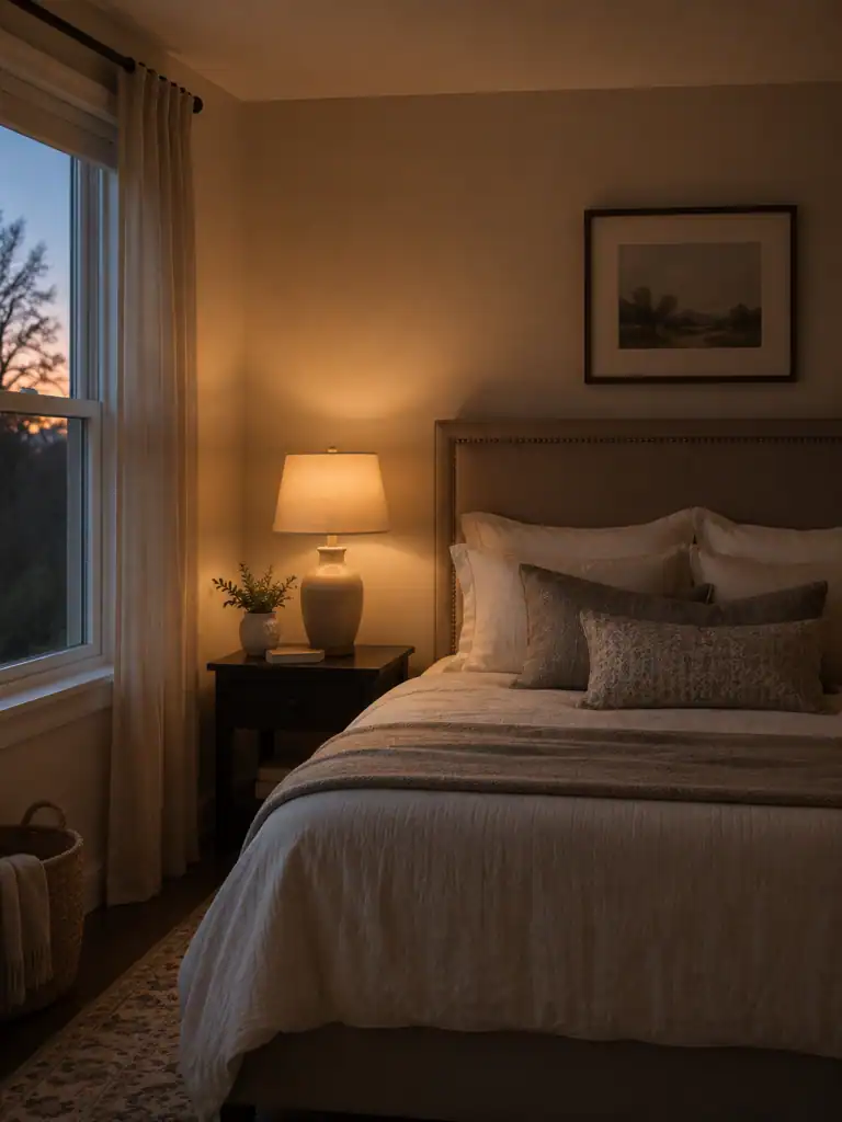 Modern bedroom illuminated by a warm 2700K bedside lamp creating a relaxing evening atmosphere that supports better sleep and melatonin production.