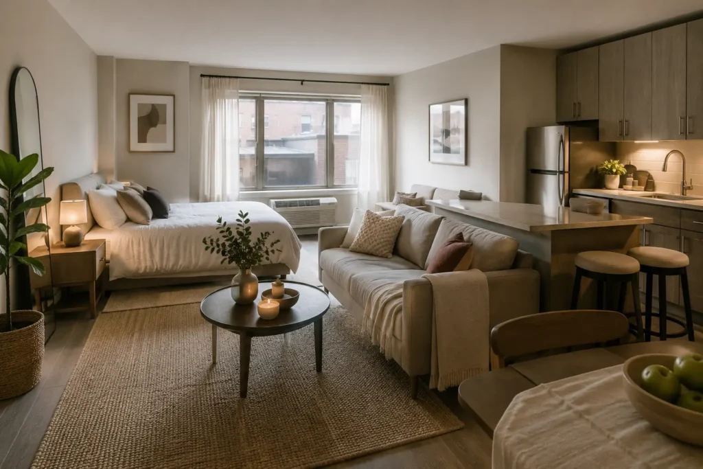 Studio apartment styled in warm neutral tones with soft white walls and natural daylight