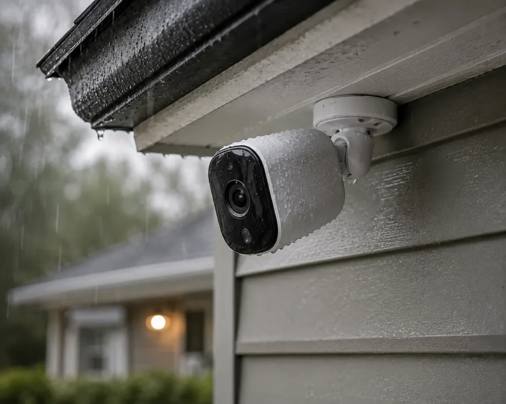 Weatherproof outdoor security camera mounted under an eave during rainfall, showing IP-rated housing