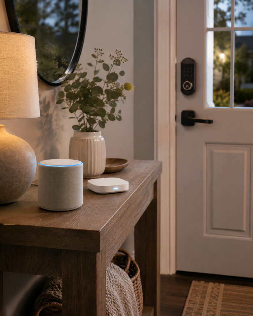 Yale Assure Lock 2 smart deadbolt shown alongside compatible smart home hub and devices