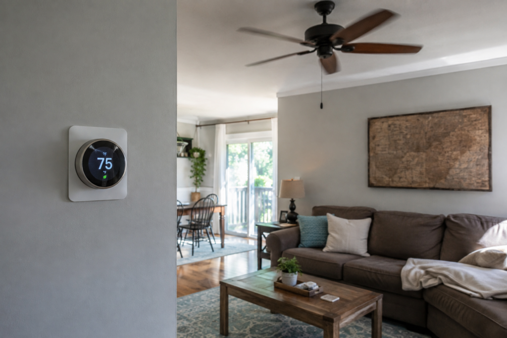 American living room with a thermostat showing 75°F during summer