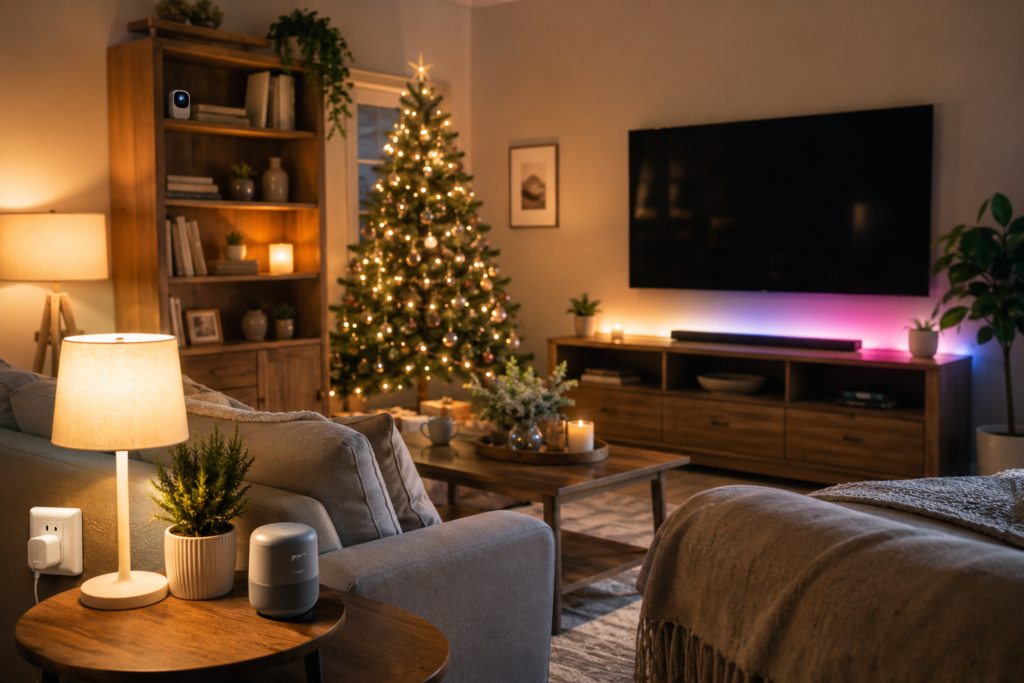 Modern American living room featuring affordable smart home gifts under $50, including smart plug, LED strip lights, smart speaker, indoor security camera, and smart bulbs.