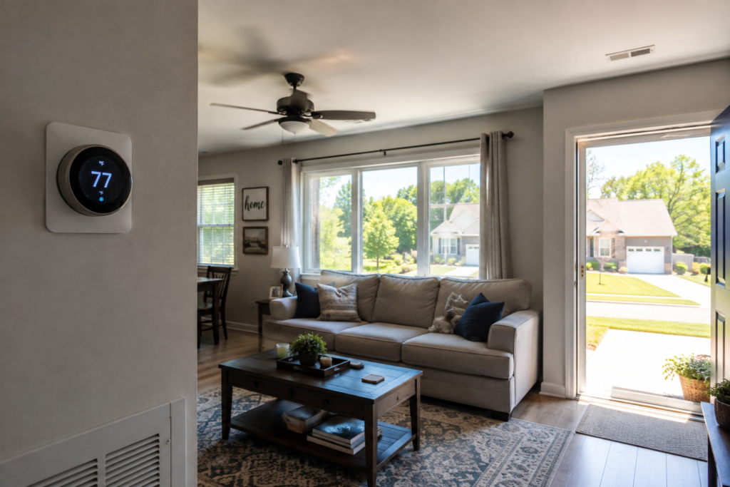 American home thermostat set to 77°F during extreme summer heat