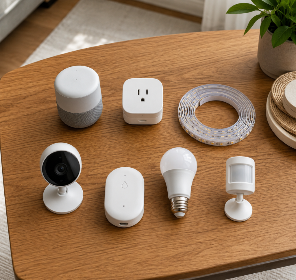 Comparison of popular smart home gifts under $50 including smart speaker, smart plug, LED lights, security camera, smart bulbs, leak detector, and motion sensor.