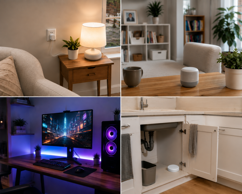Affordable smart home gift ideas for renters, beginners, gamers, and homeowners shown in realistic home environments.
