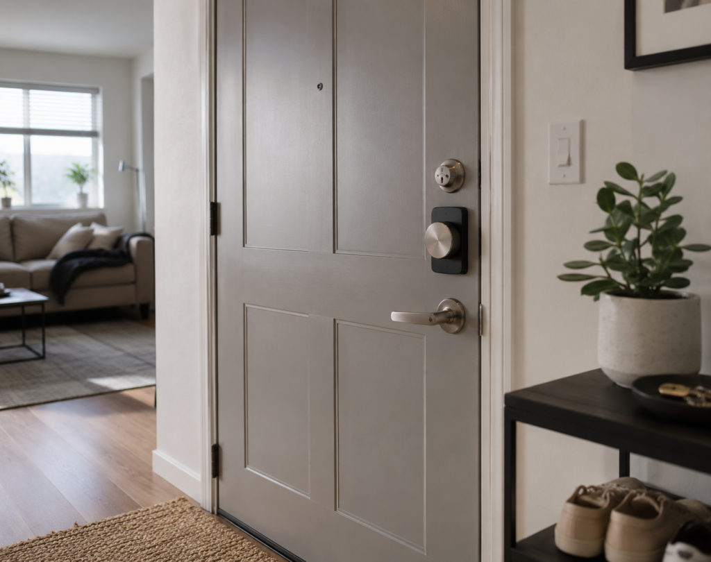 Renter-friendly smart lock installed on a modern American apartment door