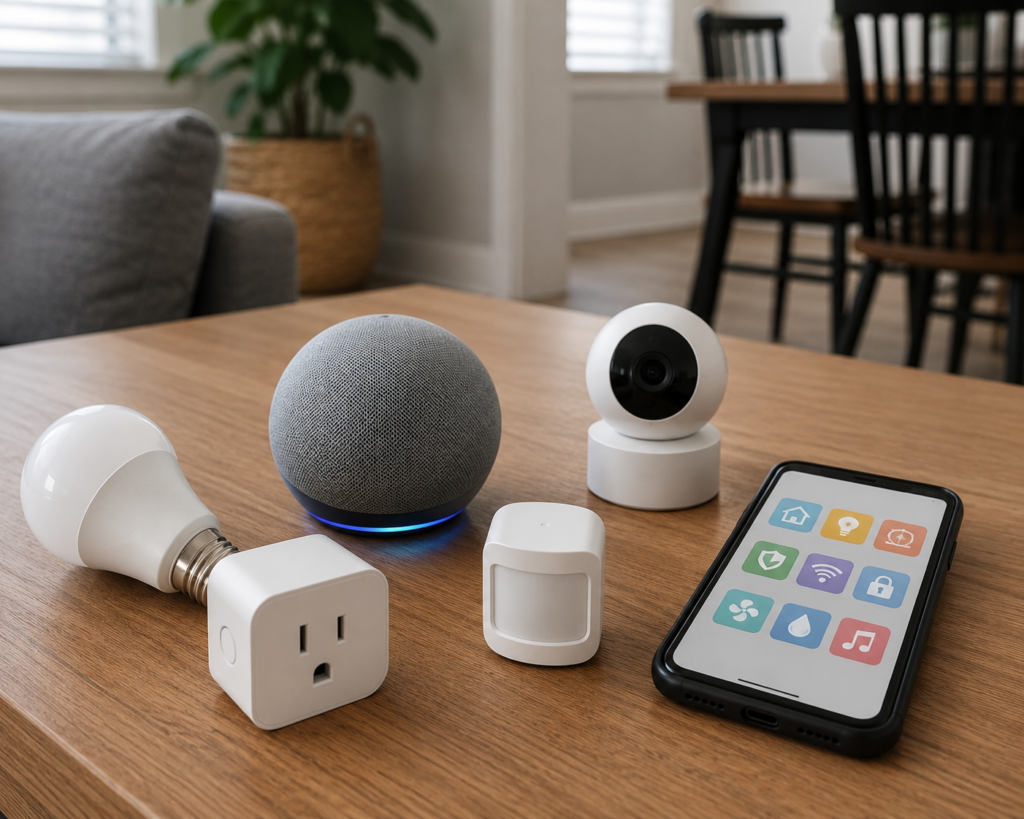 Affordable smart home devices displayed beside a smartphone highlighting compatibility and buying considerations.