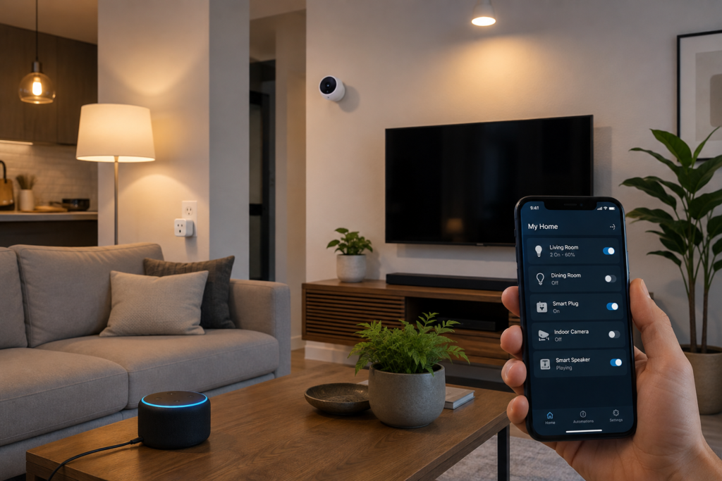 Smart home devices including smart bulbs, smart speaker, smart plug, indoor camera, and smartphone connected in one ecosystem.