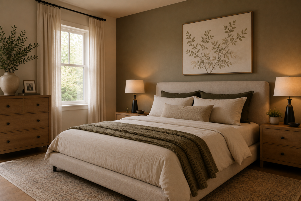 Finished simple bedroom interior idea combining texture, lighting, color, and matching finishes