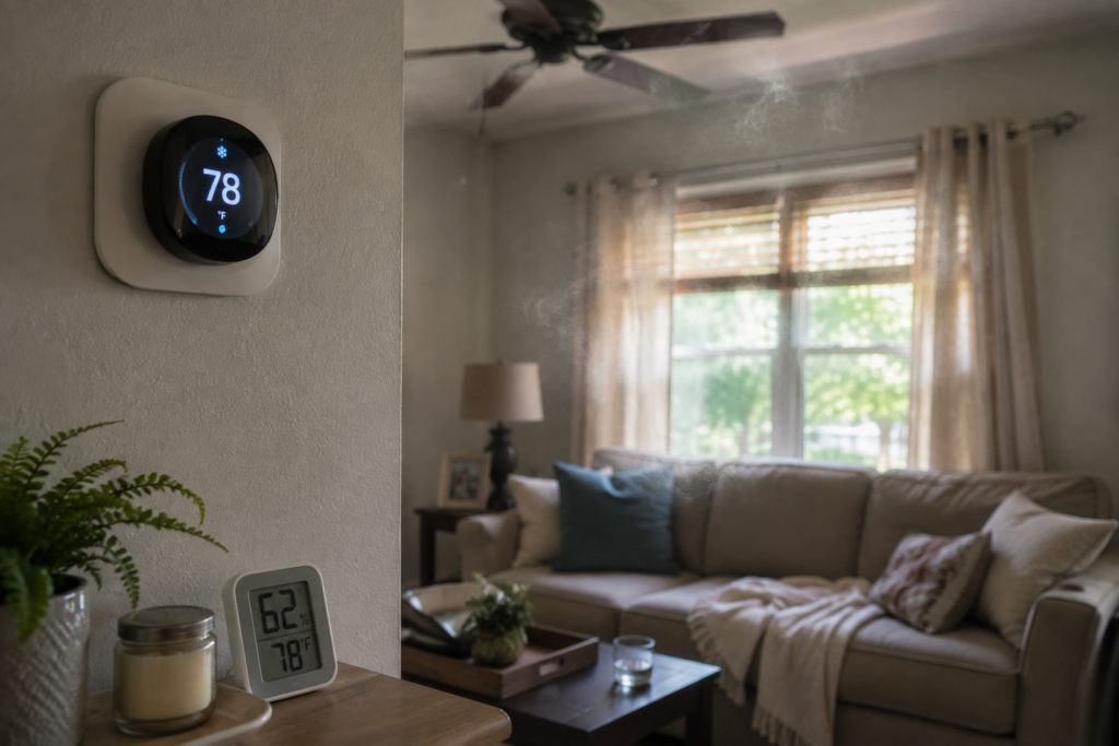 Indoor thermostat and humidity monitor showing conditions in a summer living room