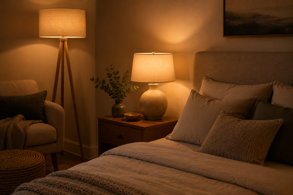 Simple bedroom lighting idea showing warm layered lamp light instead of one overhead fixture