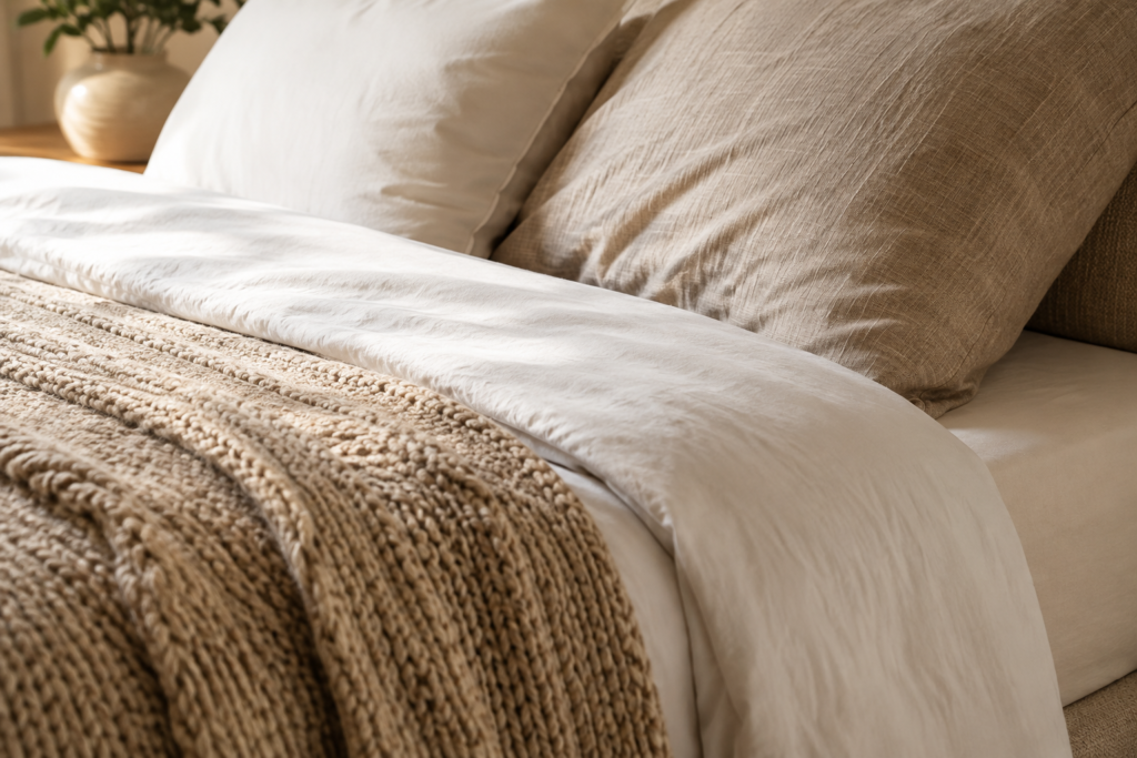 Layered bedroom textures with duvet, knitted throw, and linen pillows for a cozy bedroom idea
