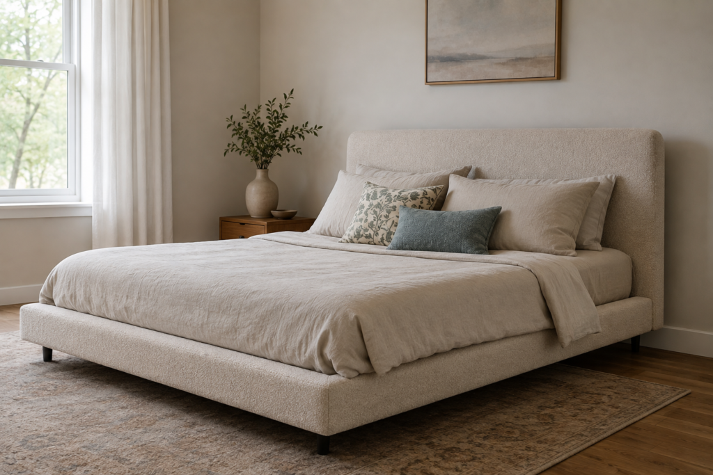 Low-profile upholstered bed frame, a simple bedroom decor idea for a considered look
