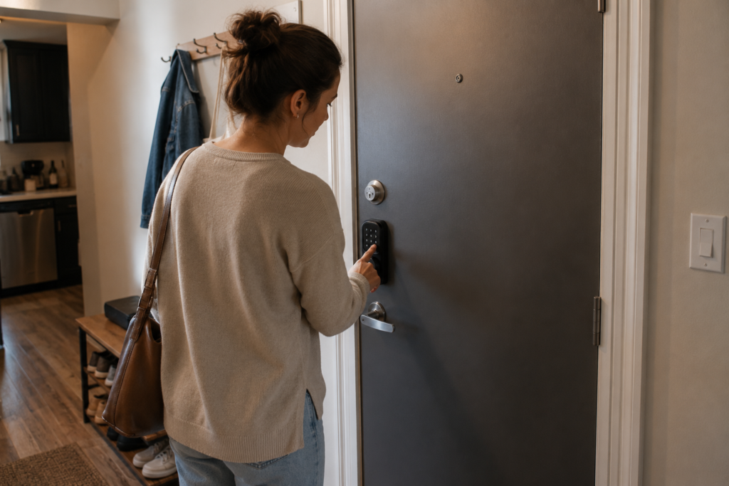 Renter unlocking an apartment door with a smart lock keypad