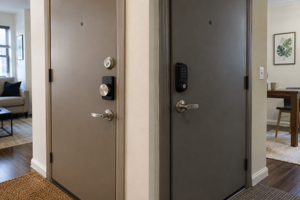 Comparison of a retrofit smart lock and full replacement smart deadbolt on apartment doors
